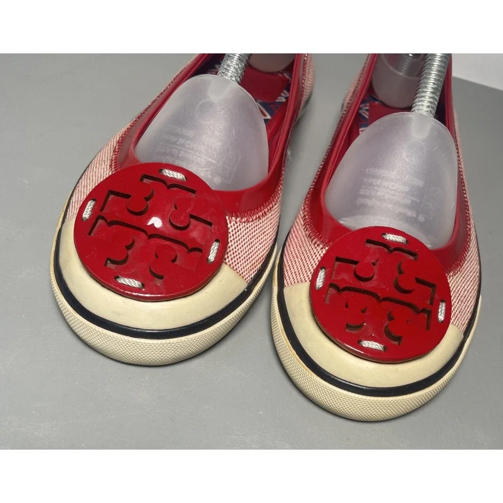 Tory Burch Women's Channing Red Canvas  Cap Toe Ballet Flats Size 6